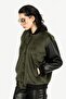 Leather Sleeves Velvet Textured Snap Fastener Women's Bomber Coat - 2