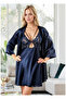 Lace Navy Blue Satin Nightgown and Robe Set - Set of 2 with Cross Stripes