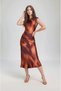 Women's Crescent Sleeve Crew Neck Asymmetrical Skirt Satin Elegant Midi Evening Dress - 2