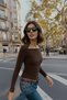 Brown Boat Neck Blouse with Shoulder Detail