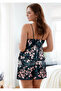 Women's Plus Size Black Satin Shorts Pajama Set with Floral Pattern and Lace - 2