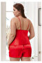 Women's Plus Size Red Satin Shorts Pajama Set with Lace - 2
