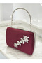 Burgundy Luxury Suede Crystal Stone Metal Handle Chain Women's Evening Dress Bag - 2