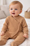 Organic Cotton Double-Breasted Baby Romper – Soft Textured, Footed, Long Sleeve - Brown and Beige Color Options