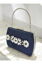Navy Blue Luxury Suede Crystal Stone Metal Handle Chain Women's Evening Dress Bag - 2