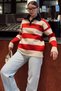 Red Polo Collar Paneled Thick Striped Heart Embroidered Women's Knitwear Sweater