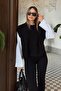 Black Crew Neck White Sleeve Paneled Women's Crop Sweat - 3