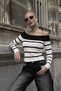 White Black Striped Boat Neck Corded Fabric Knitwear Blouse - 3