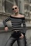 Black and White Striped Madonna Collar Knitwear Blouse