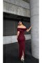 Stone Detailed Strapless Collar Scuba Fabric Dress Bordo 583241 - 4