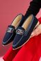 Cassia Navy Blue Glitter Fabric Loafer Ballet Flats with Gold Chain Accessories - 3