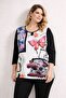 Women's Plus Size Black, Digital Print, Stone Detailed, Crew Neck Blouse 65N39362