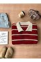 Ecru Burgundy Brioche Knit Polo Neck Oversized Knit Sweater, Women's Sweater - 3