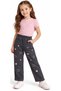 Girl's Pink Heart Embroidered Dark Smoked Color Trousers with Elastic Waist