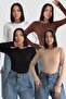 Women's Bitter Brown Cream Black White 4-Piece Finger Detailed Crew Neck Basic Bodysuit Flexible and Soft