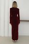 Silvery Burgundy Long Sleeve V-Neck Low-Cut Draped Slit Maxi Dress Vs01598 - 3