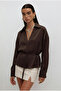 Brown Satin Shirt with Waist Drawstring Belt - 5022 - 3
