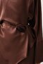 Coffee Rose Brooch Belted Asymmetrical Cut Blouse and Elastic Waist Pants Satin Suit Vs01139 - 5