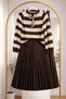 Women's Striped Sweater with Scarf and Pleated Leather Skirt Set - 3