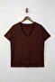 Kahverengi-Taş  2'li Paket Basic V Yaka %100 Pamuk Örme Büyük Beden T-Shirt TBBSS22TS0705 - 9
