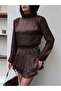 Shoulder Pad Piece Belt Detailed Satin Skirt Set - 3