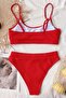 Women's High Waist Tankini Bikini Top with Corded Fabric - Red - 5