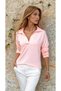 Women's Polo Neck Long Sleeve Soft Strawberry Linen Blouse, Powder 2940187