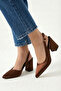 Women's Brown Satin Fabric Asymmetrical Strap Pointed Toe Thick Heeled Shoes - 5