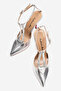 Women's Silver Pointed Toe T-Strap Design Heeled Shoes - Stiletto Stilo - 5