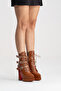 Women's Tan Leather Three Buckle Pointed Toe High Heel Zippered Boots Patent Leather - 6