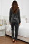 Women's Velvet Buttoned Striped Detail 2-Piece Pajama Set - 3