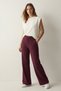 Cotton Flexible Slim Fit High Waist Plum Women's Sweatpants Flare Fit Wide Leg Drawstring Pocketed Lycra Wide Leg Sweatpants Seasonal 2 Thread Count Burgundy - 4