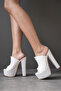 White Skin Patterned High Thick Heeled Women's Slippers Shimmering - 3