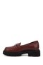 Women's Burgundy Thick Heeled Buckled Genuine Leather Loafer Shoes - 5