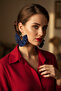 Women's Silver Color Hoop Dangle Earrings – Navy Blue Fabric Beaded Design - 6