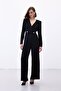 Double Breasted Ornamental Jewelled Crepe Jumpsuit - Black - 2