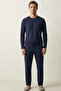 100% Cotton Men's Single Jersey Pajama Set Compact Combed Cotton Navy Blue Long Sleeve with Pockets Drawstring Comfortable Fit Anti-Sweat - 2