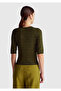 Women's Khaki Green Viscose Blend Patterned Crew Neck Short Sleeve Sweater - 2
