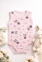 100% Cotton Pink Bottom Snap Fastener Zero Sleeve Starry Rabbit Patterned Baby Bodysuit 0-9 Months - 4