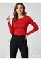 Women's Long-Sleeved Long Crew Neck Red Viscose Blouse - 2