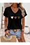Side by Side Hearts Printed Women's V-Neck Oversized T-Shirt