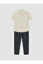 Beige Short Sleeve Striped Boys' Shirt and Pants - 3