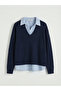 Navy blue striped collar women's knit sweater - 5