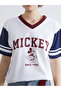 White V-Neck Mickey Mouse Printed Oversized Women's T-Shirt - 3
