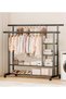 Double Rail Clothes Rack with Shelves and Wheels, Heavy Duty Metal Garment Organizer Stand for Bedro