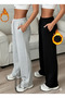 Women's Oversized 2-Piece Winter Cotton Lined Black and Gray Loose Cut Lace-Up Thick Fabric Sweatpants - 2