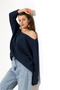 Women's Navy Blue Oversized Casual Comfortable Fit Boat Neck Knitwear Sweater - 6