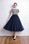 Navy Blue 3 Layer 75 cm Length Midi Puffy Zippered-Elastic Waist Comfortable High Waist,Party Tulle Skirt