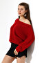 Women's Red Oversized Casual Comfortable Fit Boat Neck Knitwear Sweater - 3