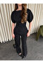 Black Balloon Sleeve Asymmetric Blouse Trousers Set - 25194 - 2